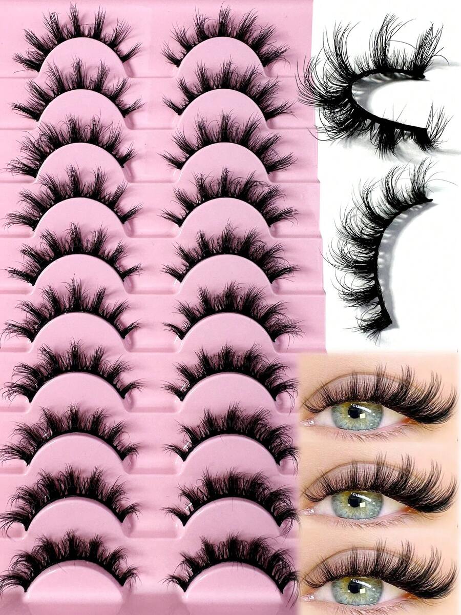 New High Quality 10Pairs 3D Shorte Mink Lashes Natural Fluffy False Eyelashes Long Strip Cat Eye Eyelashes 8D Dramatic Volume DD Curly Fairy Lashes - 黑色 - 查看 1