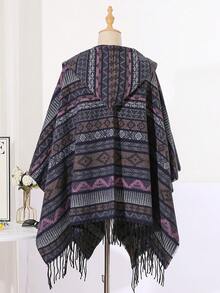 1pc Autumn/Winter Tassel Geometric Pattern Hooded Unisex Cape Shawl Outerwear For Daily Wear And Travel - Multicolor - View 11