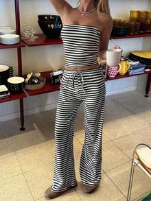 Vaiaye 女式夏季性感条纹针织休闲露肩上衣和休闲版型腰带裤，适合日常穿着