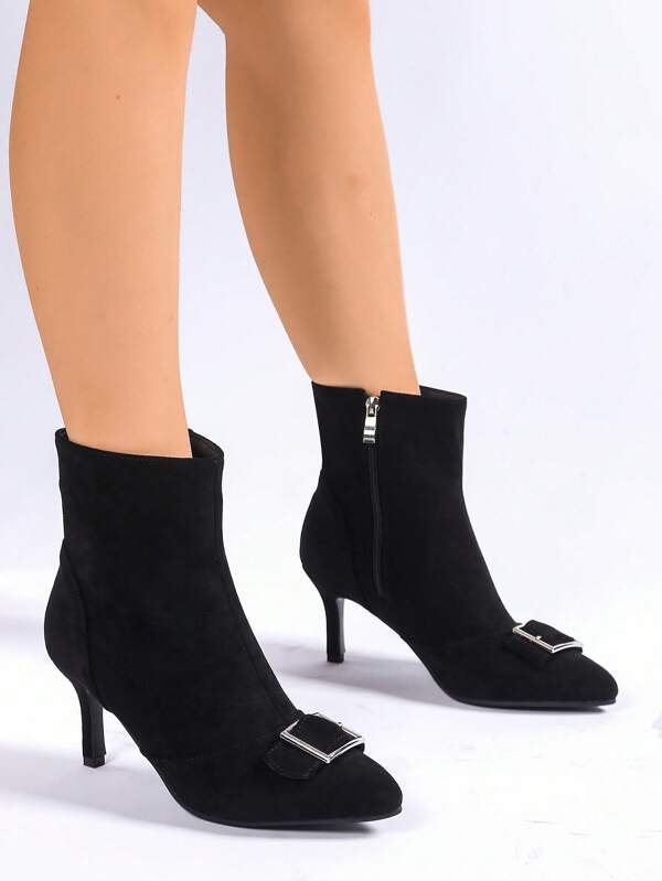 Botines de mujer de 3 pulgadas de tacón de aguja, puntera puntiaguda y cremallera. Botines de mujer de tacón de gatito, puntera puntiaguda, cremallera lateral y hebilla cuadrada, botines de invierno. Botines con envolvente de tobillo.