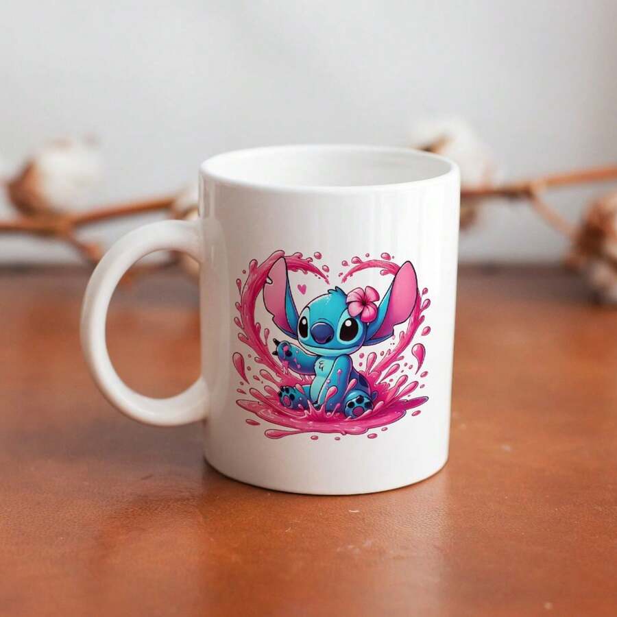 Disney Mug, Disney Cute Stitch Playing Water Pattern Ceramic Coffee Mug For Milk, Coffee, Smoothies Juice And Drinks, Great For Birthdays, Christmas, Camping And Back To School | 1 Pc - 白色 - 查看 1