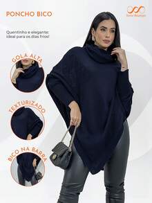 Swisz Women's Winter Poncho Knit Long Sleeve V-Neck Sweater With Scarf - Navy Blue - View 4