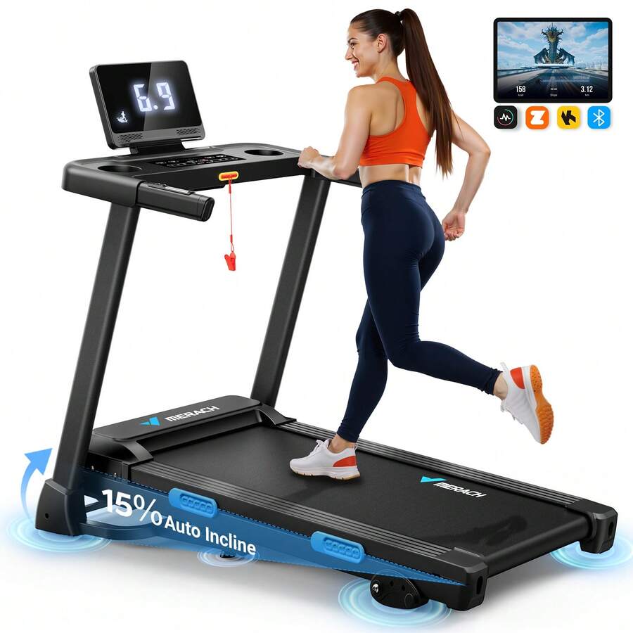 MERACH Foldable Treadmill With Incline, 7.5MPH Quiet Treadmills For Home With Double Deck Technology, 4 Silicone Shock Cushion, Heart Rate Monitoring,16.5" Wider Belt, APP, 15%Auto Incline - 美規A型插(110-127V) - 查看 1