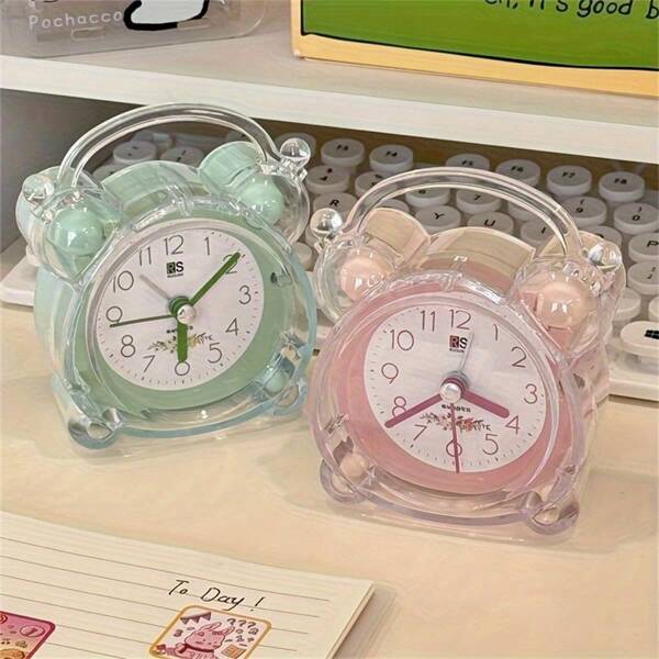 RUISUNG 1pc Small & Cute Cartoon Crystal Alarm Clock With Night Light, Silent Operation, Battery Powered (Battery Not Included), Suitable For Bedside, Desk, Bedroom, Study, Living Room, Office, Minimalist Cartoon Style, Home Decor Desk Clock, Ideal Gift For Students, Halloween And Christmas Back To School Room Decor School Supplies