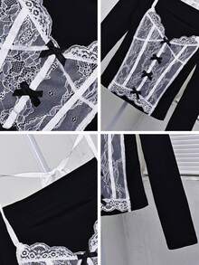 女士露肩蕾丝吊带蝴蝶结优雅长袖修身束带上衣 - 黑色 - 查看 10