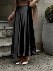 Elegant High-Waisted Satin Satin Skirt - Black - View 4