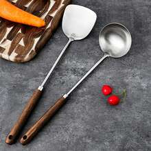 WORTHBUY 304 Turner de acero inoxidable con de madera resistente al calor largo cucharón de sopa espátula utensilios de cocina H5XW - Cucharón marrón oscuro - Ver 3