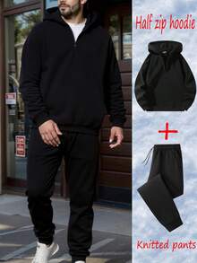(Autunno/Inverno) Set tuta da uomo, composto da felpa con cappuccio e mezza chiusura lampo, coulisse in vita, pantaloni 3/4 tinta unita. Completo sportivo alla moda, felpa con cappuccio adatta per corsa, allenamento, stile casual boyfriend. Outfit comodo.