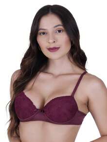Basic Bra With Lace Cups - Burgundy - View 3