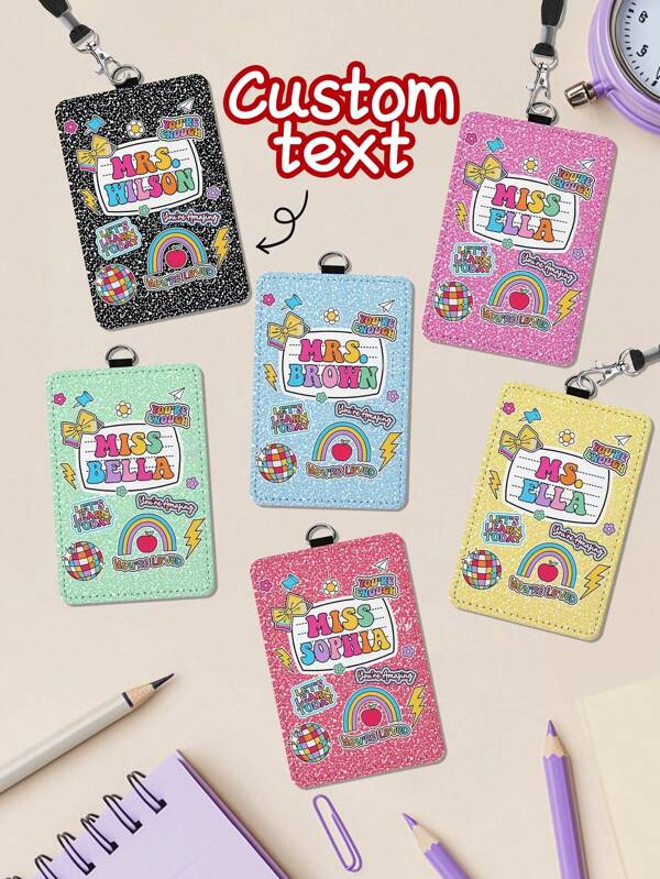 1 peça porta-crachá de couro personalizado para professor, presente para professor, presente de agradecimento para professor, presente de volta às aulas, porta-identidade com tema personalizado para material escolar, presente para material escolar para professor, impressão gráfica