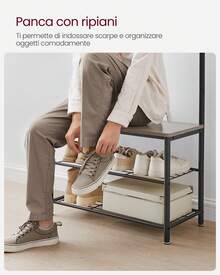 Appendiabiti, Armadio da ingresso, Spogliatoio, Stand appendiabiti, con panca e scarpiera, ganci, telaio in metallo 32 x 70 x 177 cm, stile moderno, col stile industriale,grezzo e nero, Regalo Natale - Grigio - Visualizzare 6