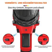 Vandise 21V Cordless Drill Driver & Screwdriver Hammer Drill Kit - 45Nm Max Torque, 2-Speed, 25+1 Torque Settings, 3/8" Chuck, LED Work Light, Includes 2 X 1.5Ah Lithium-Ion Batteries & Charger, Carry Storage Case - Perfect For Home DIY, Construction & Garden Projects - 紅色 - 查看 3