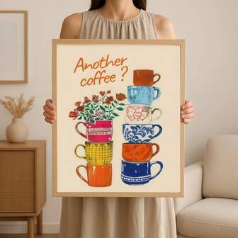 1pc Modern Simple Retro Color Canvas Printed Decorative Poster, Multi-Layer Stacked Coffee Cups, "Another Coffee?", Leisurely And Comfortable Atmosphere, Wall Art, Halloween Room Decor For Cafes, Tea Rooms, Restaurants, Dessert Shops, Cultural And Creative Shops, Frameless Home Decor Halloween Decor