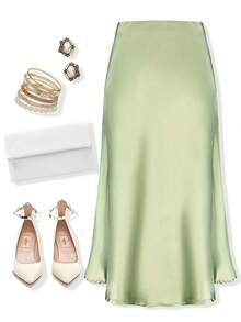 High Waist Satin Midi Skirt With Elastic Waistband – Flared A-Line Stretchy Silk Skirt For Wedding, Party, Date, Office Wear | Plus Size Women's Comfort Fit 1212 - Light Green - 查看 1