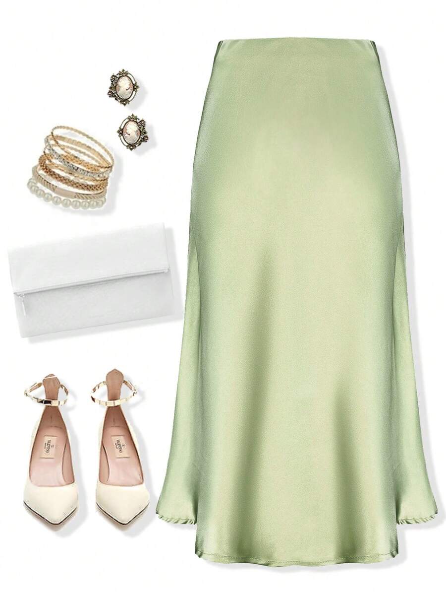 High Waist Satin Midi Skirt With Elastic Waistband – Flared A-Line Stretchy Silk Skirt For Wedding, Party, Date, Office Wear | Plus Size Women's Comfort Fit 1212 - Light Green - 查看 1