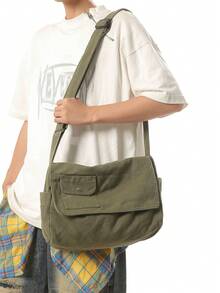 1pc Military Green Vintage Minimalist Flap Shoulder Bag, Thick Washed Canvas Casual Versatile Large Capacity Messenger Bag, American College Style, Suitable For School, Short Trip, Simple Street Bag - Army Green - View 4