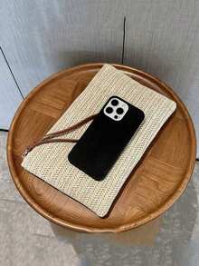 1PC Letter Print Straw Woven Casual Clutch Bag, Braided Single Small Wallet, Vintage Straw Woven Handbags, Boho Style Summer Beach Bag, Minimalist Straw Bag, Women's Braided Tote Bag For Travel Picnic, Perfect For Summer Beach Travel Vacation, For Outdoor, Holiday, Women's Zipper Handbags For College, Middle School, High School, Back To School, Travel, Outdoors For Teen Girls, For School Student, For Teenagers Vintage Soft - Khaki - View 10