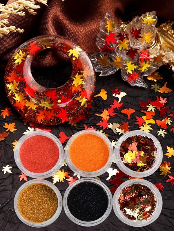 6pcs Autumn Resin DIY Glitter Sequins - Red & Orange Maple Leaf Thin Flakes - For Jewelry Casting, DIY Crafts, Jewelry Making