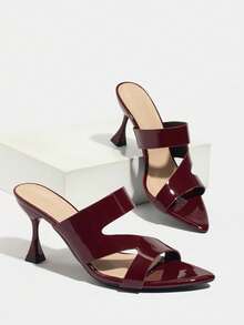 Women's High Heels, Fashionable For Spring/Summer Parties, Outdoor Events, Elegant Banquets. Featuring Pointed Toe, Sparkling Z-Strap Design, Soft Mirror-Finish Material, Comfortable Slip-On Mule Style, Versatile For Formal, Casual, Travel Wear. Available In Burgundy Color. - Burgundy - View 6
