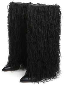 Y2K Style EdgyElongate Women's Winter Furry Snow Boots Women's Knee High Boots Faux Fur Shoes Pointy Toe Chunky Heel Cowboy Fashion Warm Fluffy Shoes - 黑色 - 查看 2