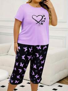 Plus Size Women Casual Butterfly Print Short Sleeve T-Shirt And Capri Pants Pajama Set, Comfortable Loungewear 2 Pieces, Suitable For Spring, Summer, Outfits With Slight Stretch