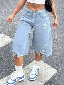 Women's Summer Casual Stretch Tight Denim Cropped Trousers Are Slim And Fit For Holidays, Beaches, Concerts, Music Festivals And Other Occasions. - 淺色水洗藍 - 查看 1
