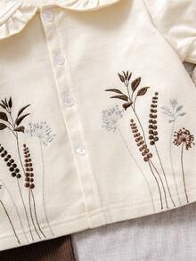 2pcs Girls Floral Embroidery Shirt And Straight Leg Pants Set, Pastoral Style Casual Outfit For Little Girls - Brown - View 6