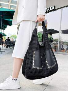 New Vintage Mesh Handbag Large Capacity Shoulder Bag Punk Rivet Hobo Bag Oversized Women Tote - Black - View 9