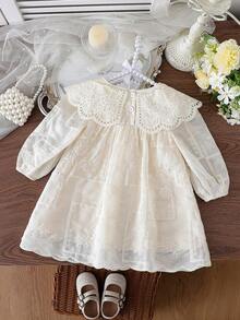 Vestido de niña para primavera y otoño, de tela de encaje bordado delicada, ligero, estilo princesa recién nacida, dulce y elegante, adecuado para uso diario, salidas y fiestas de bebés e infantes - Albaricoque - Ver 2