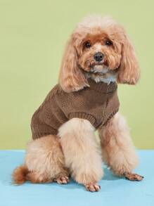 1pc Warm Classic Striped Cable Knit Solid Color Candy Color Small Dog Sweater, High Elasticity Knit Pullover For Teddy And Pets, Multi-Color - Coffee Brown - View 6