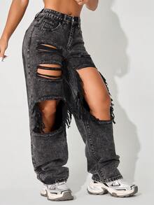 High Waist Straight Leg Ripped Pocket Jeans - Black - View 3