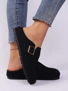 Chaussures mules mode pour femmes pour l'automne/l'hiver, mules plates à plateforme, bout rond bouche large, semelle souple, boucle unique sans dos, polyvalentes et confortables pour les déplacements quotidiens (taille petite d'un demi-point) - Noir - Voir 2