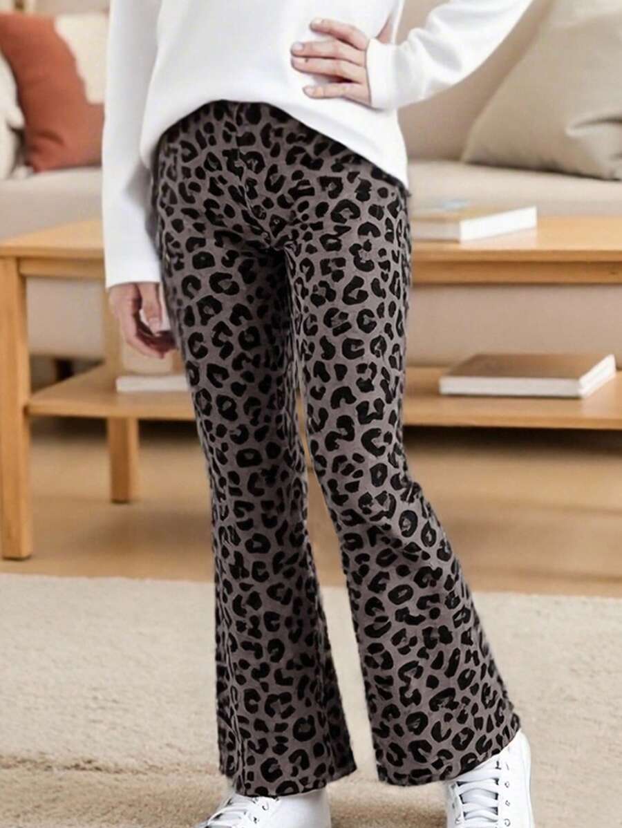Girls' Fashionable Leopard Print Flare Pants, Comfortable Spring/Autumn Casual Trousers For Children, Stylish Leopard Pattern Pants For Toddlers & Little Young Girl