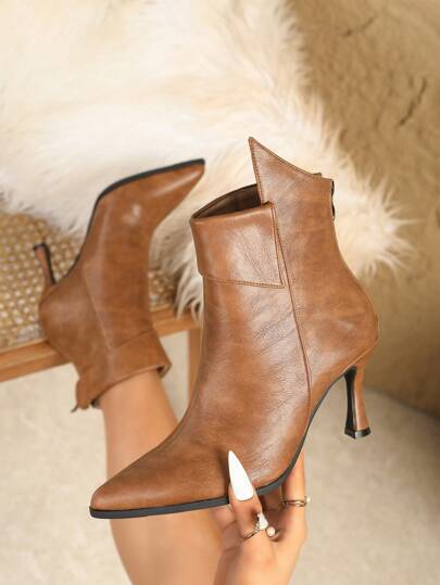 מגפוני קרסול עם עקב סטילטו מחודד לנשים, עור רך, רוכסן אחורי, צבע אחיד, סתיו/חורף, מגפיים לנשים, עקבי חתולים