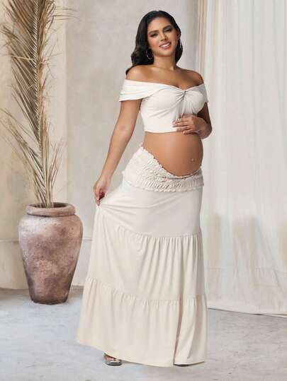 JustVH Gravidklänning med bara axlar, rynkad, twist-front och kjol med volanger, 2-delat set för fotografering och babyshower