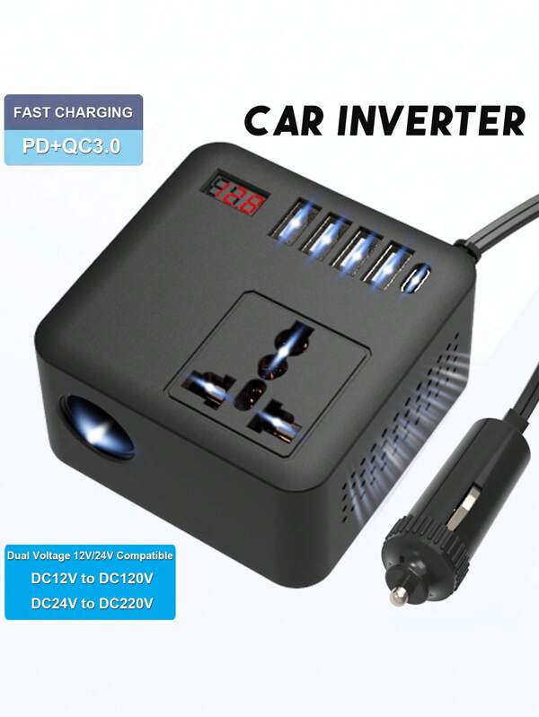 1pc 150W Rated Power 300W Peak Power Mini Car Power Inverter Dual Voltage 12V124V Compatible USB Car Adapter Converter Improved Sine Wave Socket Charger Adapter