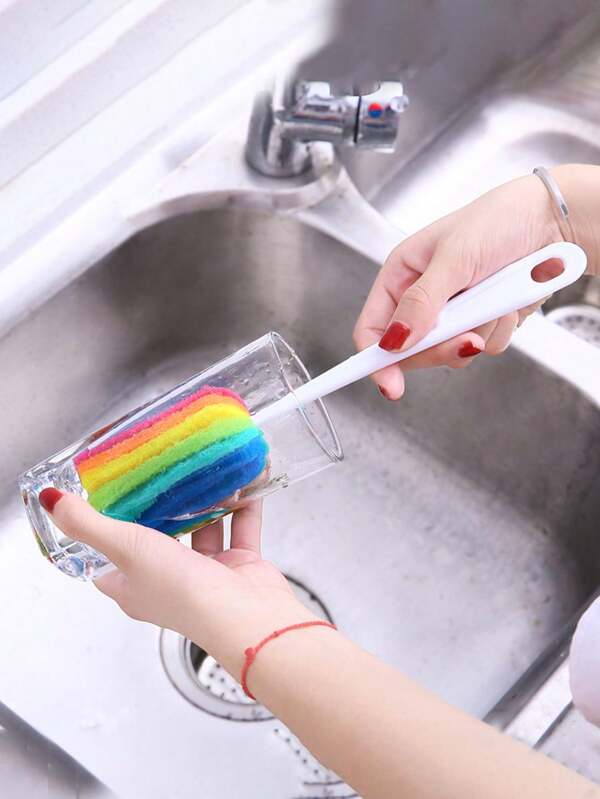 Rainbow Long Handle No Dead Angle Cup Cleaning Brush, Microfiber Cleaning Cloth Brush, Suitable For , Glass Cup, Kettle, Blender And Other No Dead Angle Cleaning, Rainbow Cleaning Brush, Home & Kitchen Essentials, Back To School Must-Have