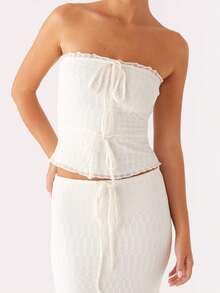 Women Summer Outfits Solid Colors Crop Drawstring Bandeau And Elastic Long Skirt Set For Streetwear Aesthetic Clothes - White - View 6