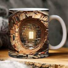 1pc, Book Shelf Coffee Mug, Ceramic Coffee Cups, Bookshelf Break Through Water Cups, Summer Winter Drinkware, Gifts Back To School - Khaki - View 13