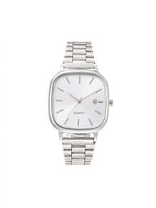 1 件复古简约时尚银色方形表盘日历手表，不锈钢表带，高端感觉，周年纪念礼物，年终促销，光棍节，万圣节促销等。