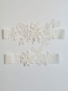 2 件套时尚白色蕾丝蓝色仿珍珠花浪漫婚礼新娘伴娘性感吊袜带腿链套装（图案随机）情人节 - 白色 - 查看 7