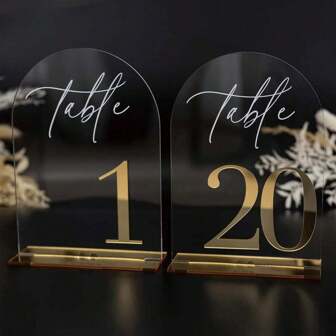 1 Set Of Acrylic Table Seating Cards/Wedding Table Numbers With Stands, Featuring Elegant Gold-Colored Numbers Measuring 10*15 Cm. Crafted From Durable, Thickened Acrylic Material, Ideal For Wedding Banquets, Birthdays, Anniversary Celebrations, And Centerpiece Decorations