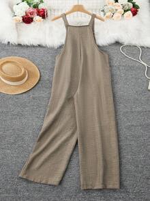 Jumpsuit Wanita Ukuran Besar dengan Motif Denim Vintage, Leher Persegi, Detail Kancing, Overall Panjang dengan Kantong - Khaki - View 5