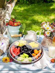 1/2/6 piezas - Bandeja redonda de plástico para aperitivos con tapa - Bandeja divisora de 10.4 pulgadas, Bandeja de almacenamiento de alimentos desechable, Bandeja de plástico para almacenamiento, Dispensador de aperitivos, Plato de frutas Bandeja de verduras, Adecuado para fiestas y bufés