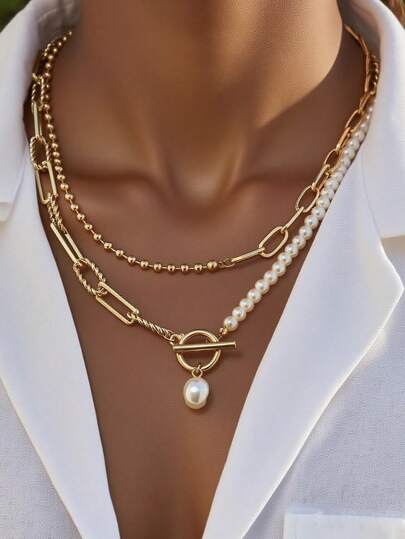 1pc Fashionable Long Pearl Chain Necklace, Vintage Style Personalized Pearl Clasp Necklace