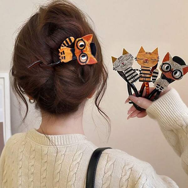 1pc (Random Color) Cute Cat Pattern Resin Twist Clip, Daily Hair Dishesive Tool, Fashionable And Age-Reducing, Versatile And Not Picky About Clothes, Hair Styling, Hair Stuff ,Hair Accessories, Hair Styling Kit, Hair Tool Kit, Hairstyling Set