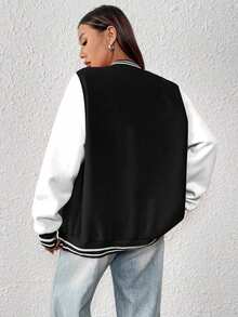 1pc Teen Girls' Patchwork Letter Thermal Lined Baseball Jacket Spring Autumn Winter - Black - View 3