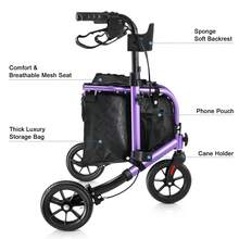 WALK MATE Andador con ruedas de 3 ruedas y 8 pulgadas de aluminio, plegable y ligero, con asiento y respaldo, bolsa - Morado - Ver 6