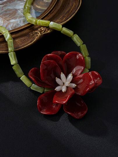 1pc Exaggerated Orange & Black Tie Dye Floral Handmade Beaded Pendant Necklace, Floral 3D Decor Necklace For Party, Casual, Elegant Wear, Seasonal