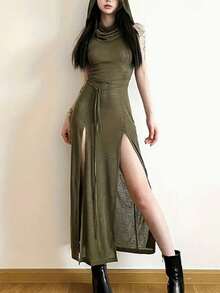 Women's Wasteland Style Hooded Dress - Split Tie Slim Fit, American Hot Girl Style Street Photo Cos Shoot Slim Midi Dress - 軍綠色 - 查看 4